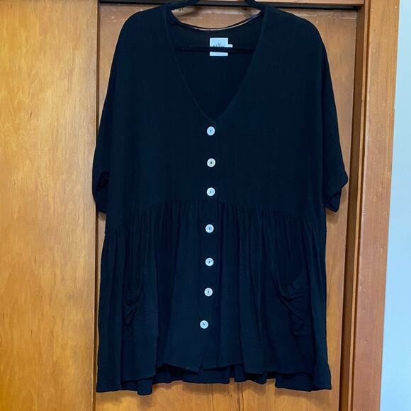 Polly Oversized 100% Cotton Black Top Shirt Tunic Short Sleeve Buttons Pockets - Picture 1 of 10